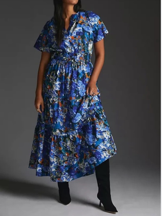 Anthropologie Dresses & Skirts - Anthropologie The Somerset Maxi Dress Blue Floral Abstract Short Sleeve Tier-XS